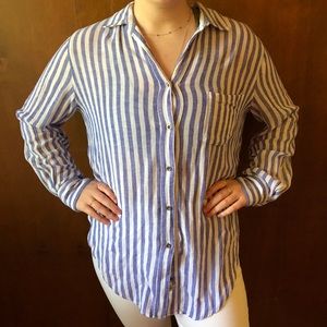 Blue and white striped button-up shirt